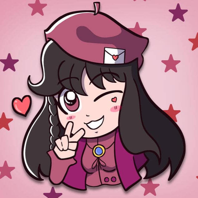 Artwork of Lady Belles-lettres' persona — she is smiling and giving a peace sign. The background is a pink gradient with purple and red stars.