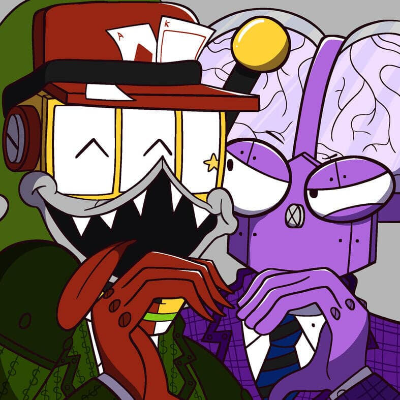 Fanart of the characters Prethinker and Duck Shuffler from Toontown: Corporate Clash. They have their cheeks pressed together and are making a heart sign with their hands.