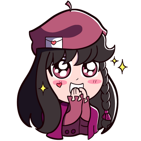 Artwork of Lady Belles-lettres' persona — she is smiling and has shining eyes. There are also sparkles around her.